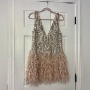 ASOS EDITION crystal and bead mini dress with faux feather hem in blush